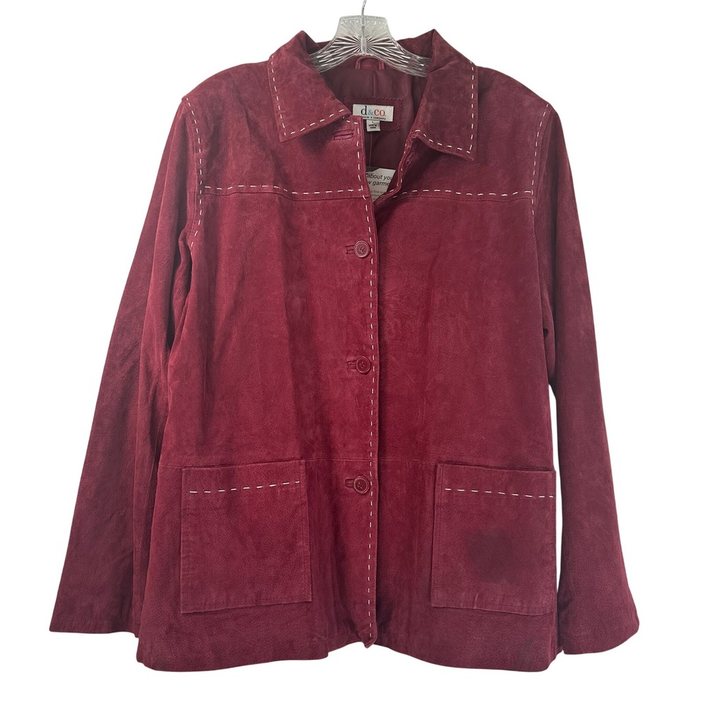 Denim & Co Burgundy Washable Leather Jacket Contrast Stitch Barn Coat Large Flaw